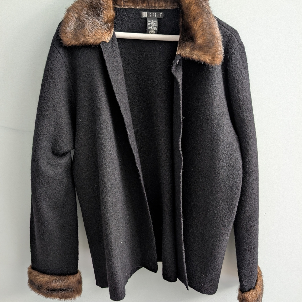 Women's Sz Lg Carole Little Wool Open Black Cardigan w/ Faux Fur Collar & Cuffs
